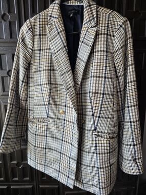 Talbots Plaid Double-Breasted Blazer in Cream, Navy & Brown Size 14 Vintage Y2K